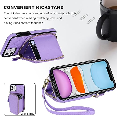 Miniatura 5 de Bocasal Funda tipo cartera cruzada para iPhone 11, con bloqueo RFID, de piel sintética, con cremallera, funda tipo cartera con función atril y