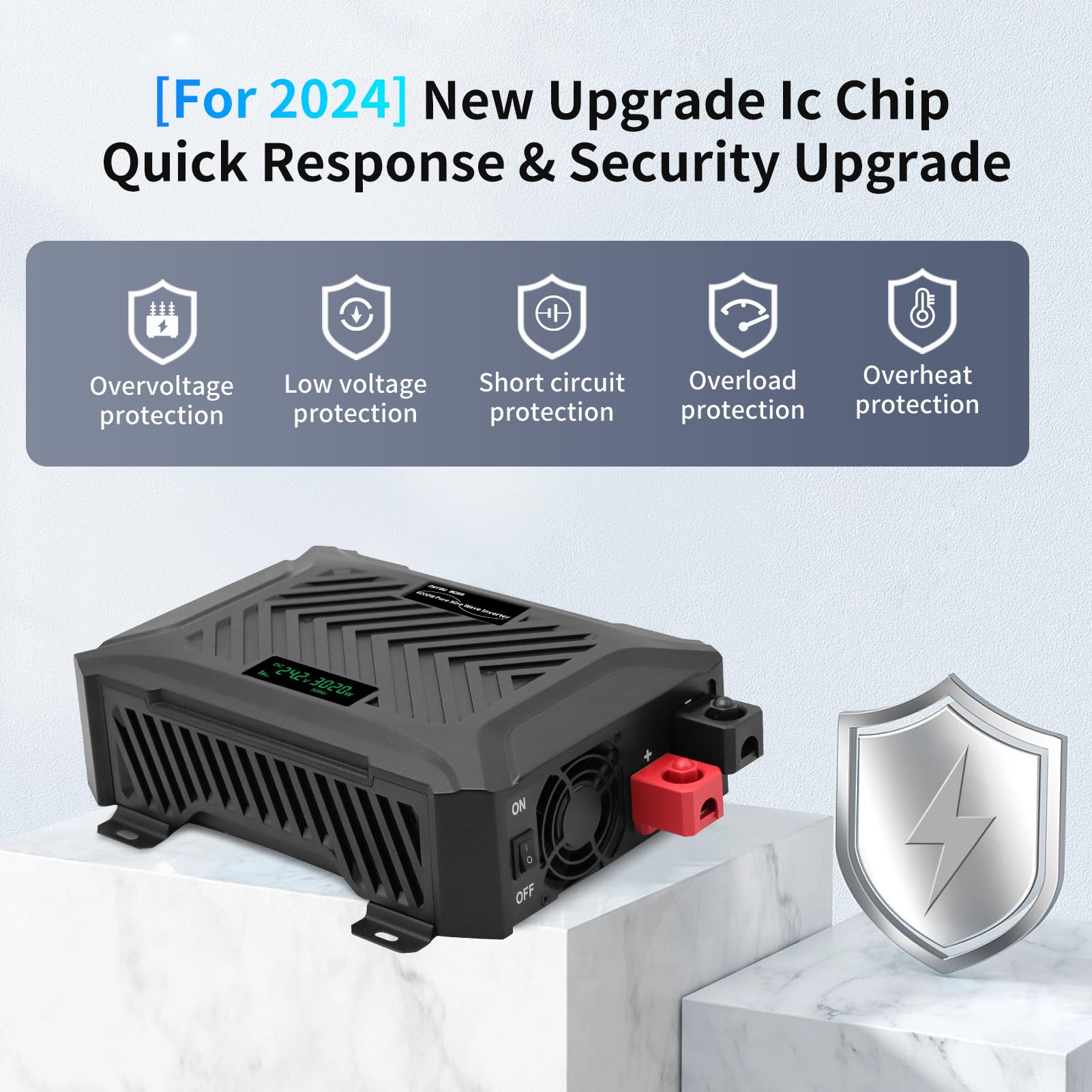 DATOUBOSS Inverter Onda Sinusoidale Pura 12V/24V a 220V Convertitore Universale Onda Pura 3000W con sistema di rilevamento intelligente, con LCD Display, interfaccia USB, Type-C e 2 presa UE