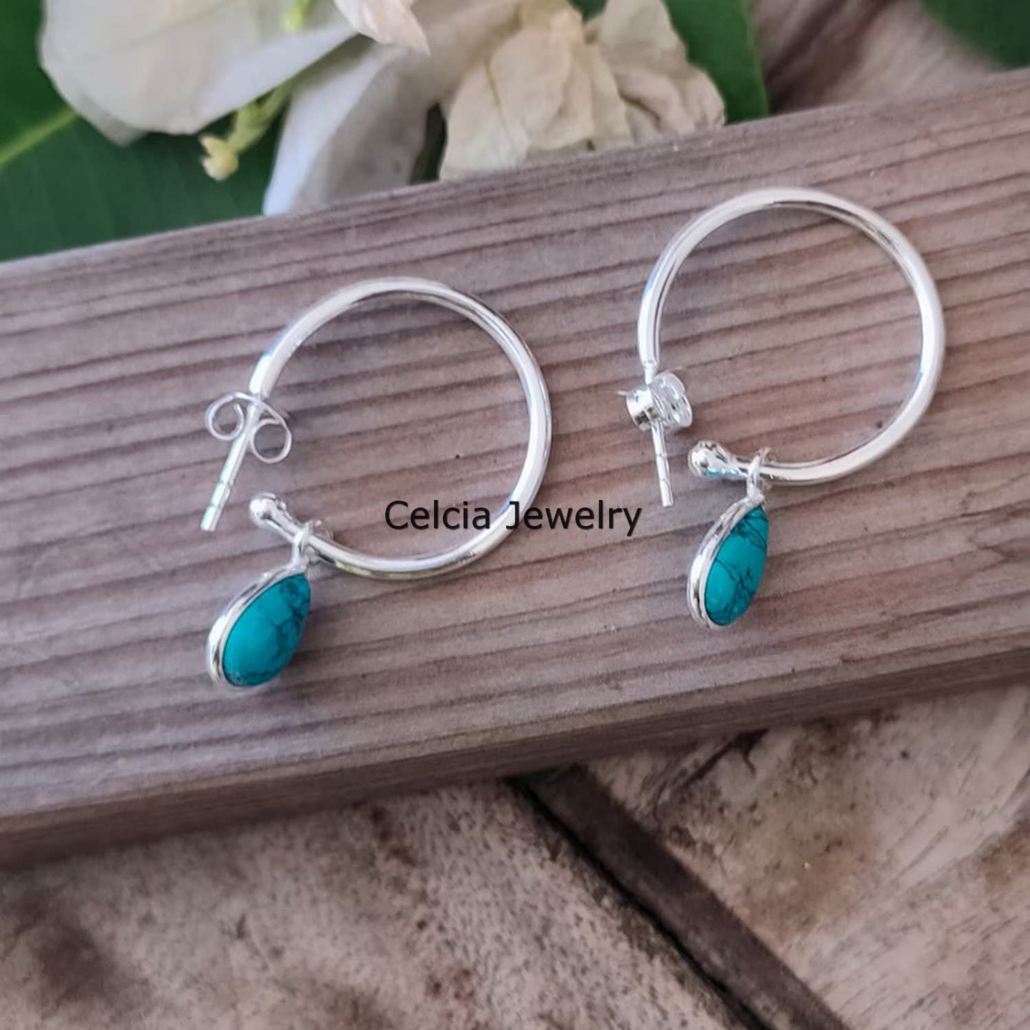 Pendientes de aro con forma de círculo de Plata de Ley 925 auténtica para mujer, piedra preciosa de pera turquesa Natural, joyería hermosa con piedra natal de diciembre