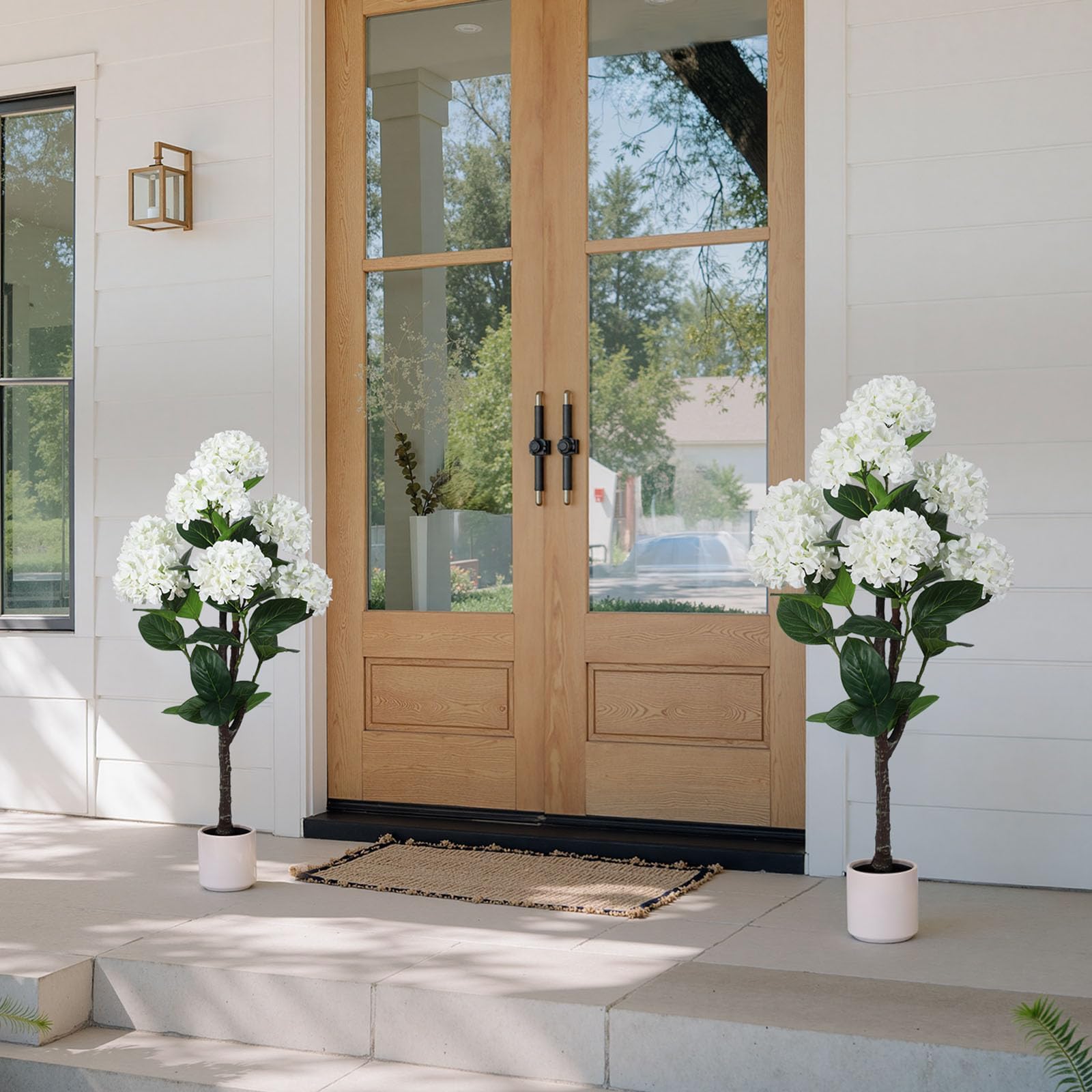 Set of 2 Artificial Hydrangea Tree 4 ft- Large Faux Hydrangea Plants Indoor Outdoor，Fake Flower Trees with White Tall Planter for Home Garden,Front Decor