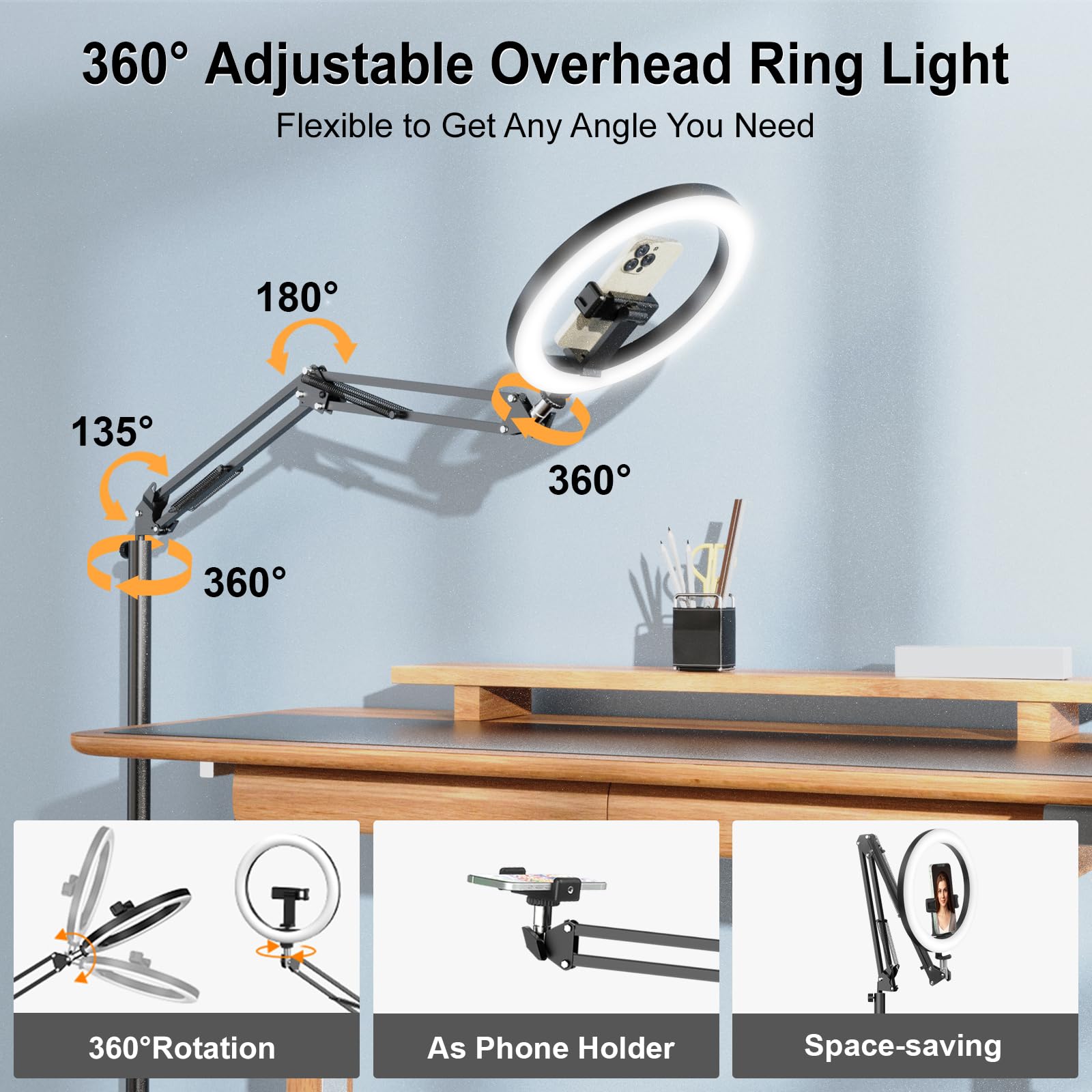 Evershop Ring Light Overhead Phone Mount, anello luminoso con supporto e supporto per telefono, 25,4 cm LED Phone stand per registrazione con telecomando per registrazione video, streaming live, zoom,