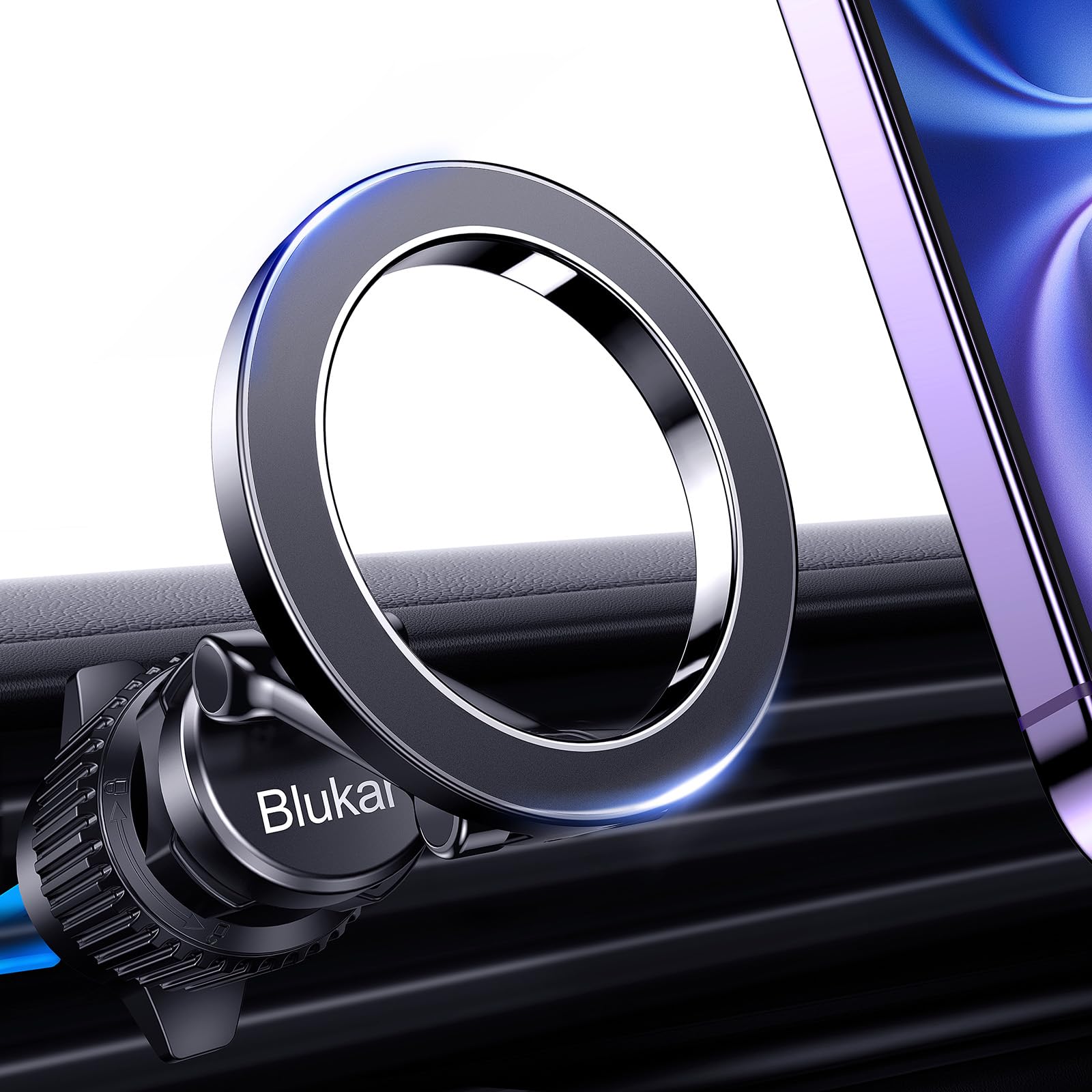 Blukar Soporte Móvil Coche para MagSafe, [N52 Imanes Fuerte] Soporte Teléfono Coche Magnético para Ventilación de Aire, 360° Rotación&Gancho Metálico, Compatibles con iPhone Serie 16 15 13 12 etc