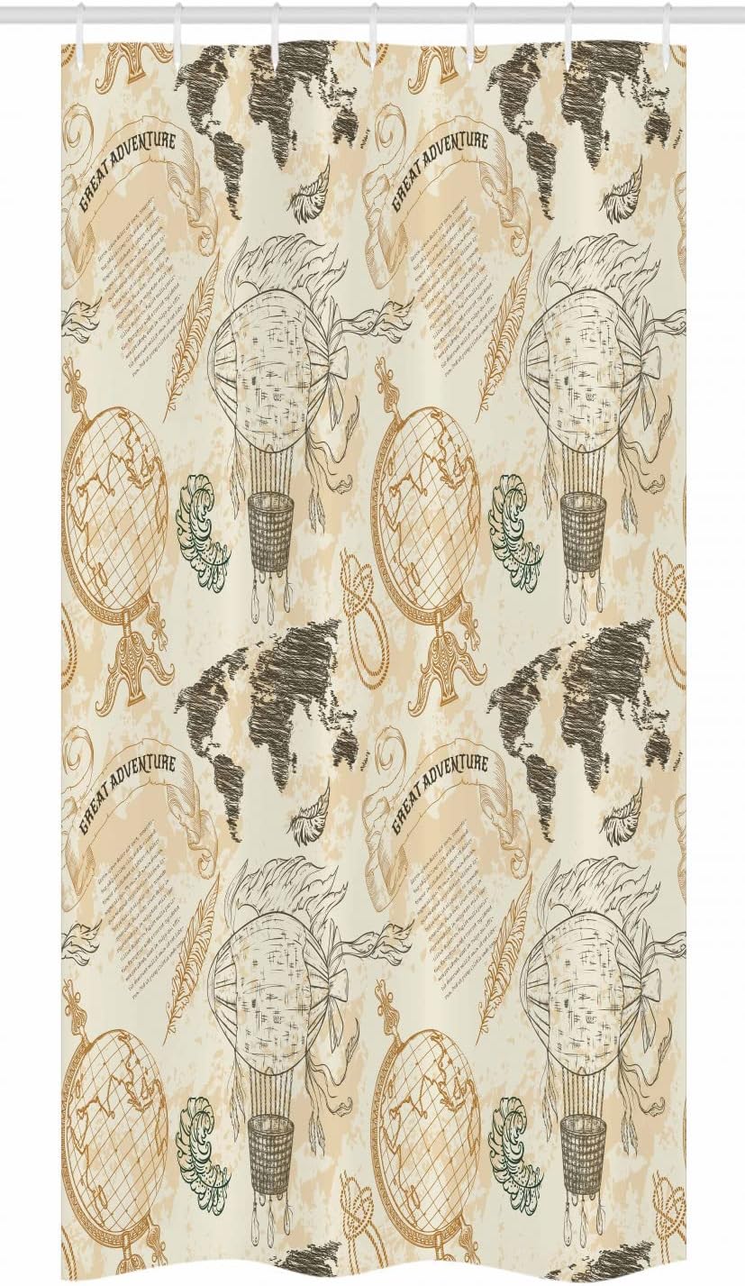 Ambesonne World Map Stall Shower Curtain, Pattern Vintage Globe Atlas Theme Airship Rope Knots Ribbon Retro Print, Fabric Bathroom Decor Set with Hooks, 36" W x 72" L, Beige Olive Green