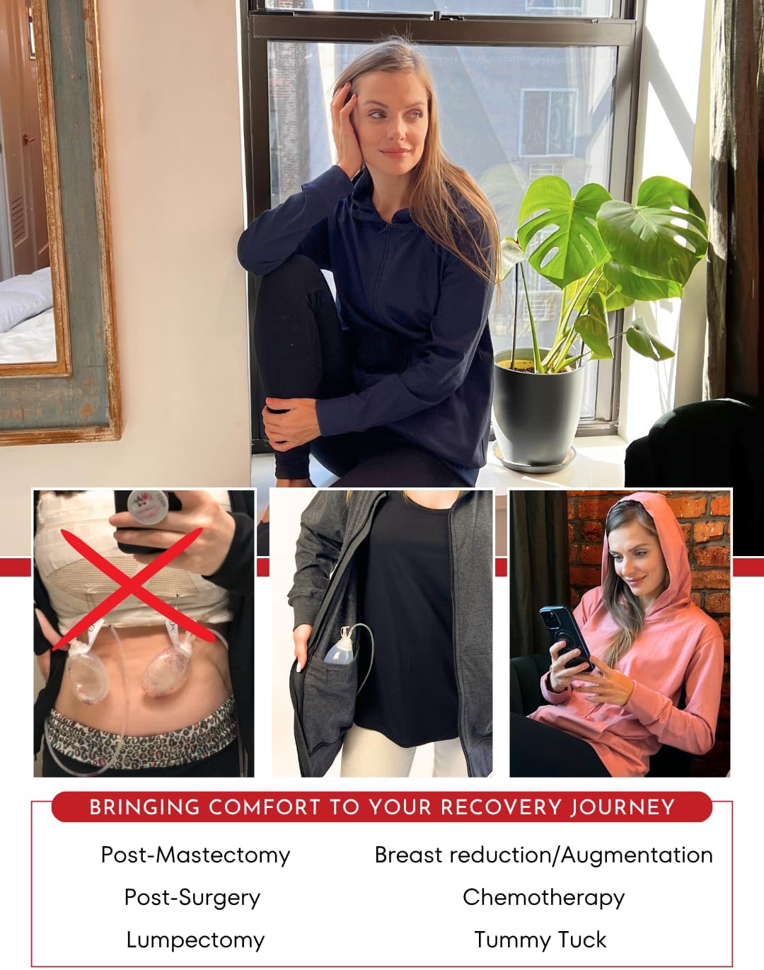 Inspired Comforts Mastectomy Recovery Hoodie with Drain Pockets - Image 5