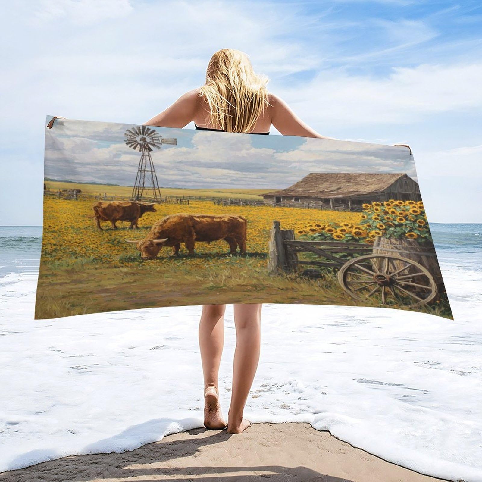 Luyysky Funny Abstract Highland Cow Quick-Drying Beach Towel, Classic Western Farm Log Cabin Windmill Sunflowers Animal Cow Travel Vacation Single Sided Pile Bathroom Towels-80 W Cm X 160" L Cm