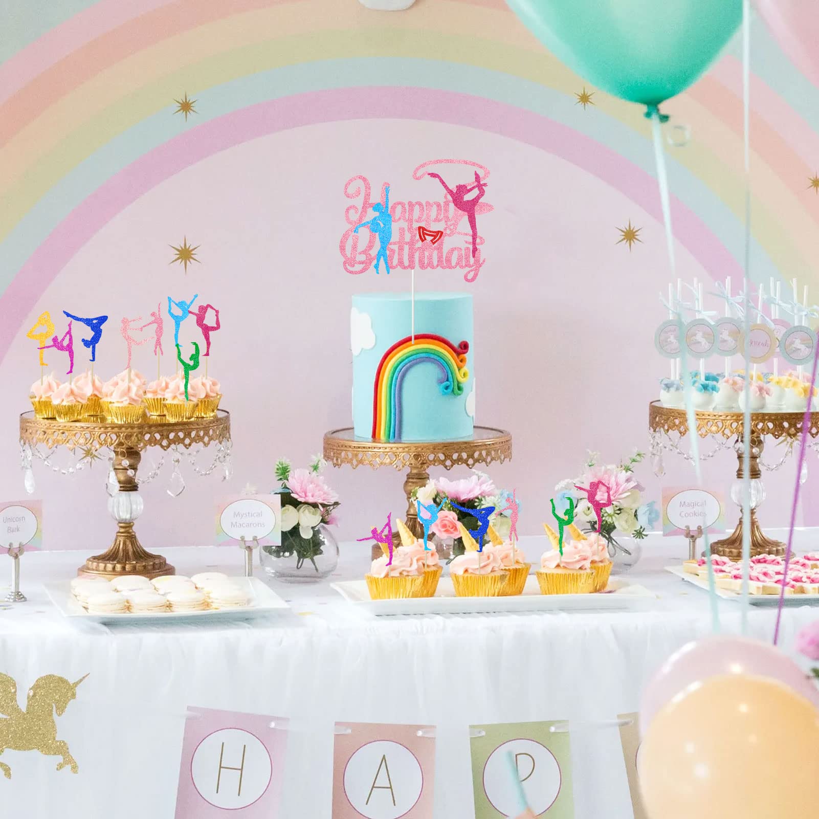 Tarklanda 25 szt. Gimnastyka Happy Birthday dekoracje tortowe brokat gimnastyczka dziewczyna babeczki toppery kolorowa sylwetka dla tematu baby shower artykuły imprezowe