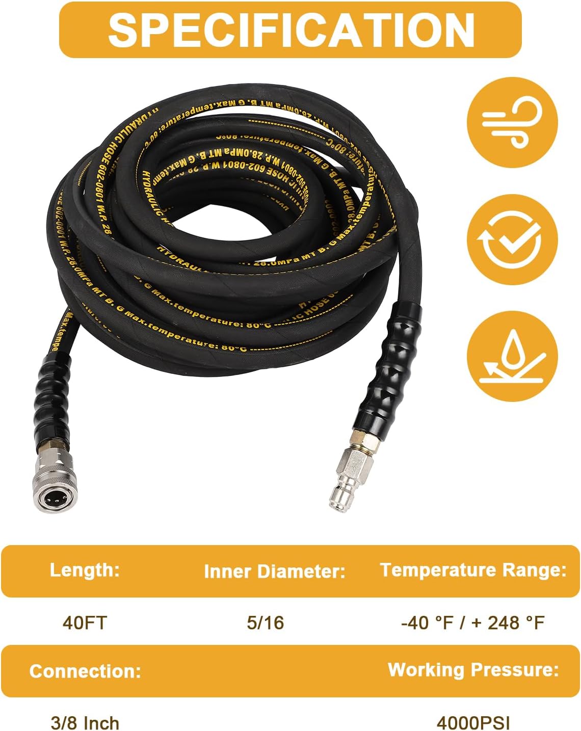 OCPTY 5/16 Pressure Washer Hose 40FT Water Power Washer Hose Max 212°F with Swivel Quick Connect, 4000 PSI Commercial Grade Steel Wire Braided; Synthetic Rubber Jacket