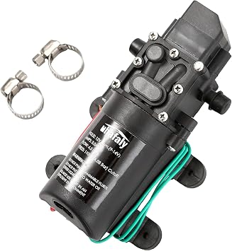 12V DC Fresh Water Pump With 2 Hose Clamp 12 Volt Diaphragm Pump Self Priming Sprayer Pump with Pressure Switch 4.5 L/Min 1.2 GPM 110 PSI Adjustable for RV Camper Marine Boat Lawn