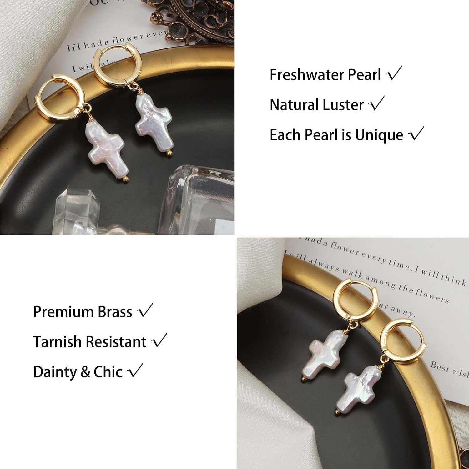 Pearl Cross Earrings for Women Natural Freshwater Pearls White Baroque Pearl Dangle Drop Dainty Gold Hoop Earrings Summer Beachy Jewelry Gifts for Christian Unique Jewelry