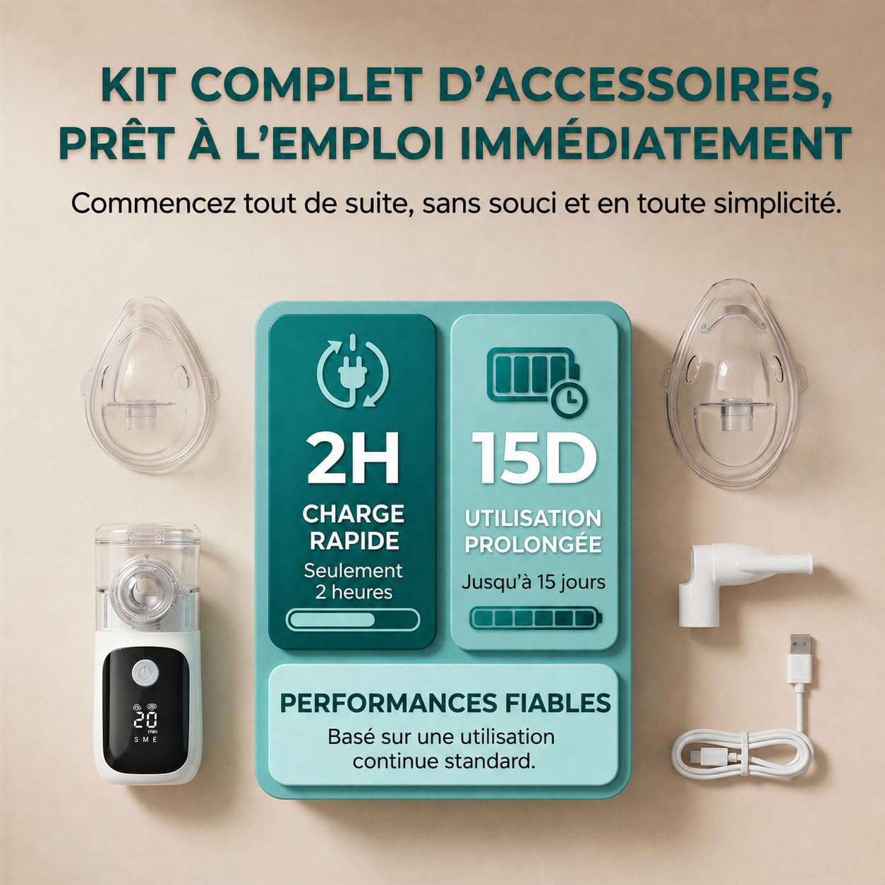 Medicinadellavoro.com - Nebulisateur Portable Silencieux Bebe et Adulte, Inhalateur Rhume Vapeur avec USB-C, Batterie Rechargeable et 2 Masques, Aerosol Medical Adultes Enfants Asthme et Bronchite