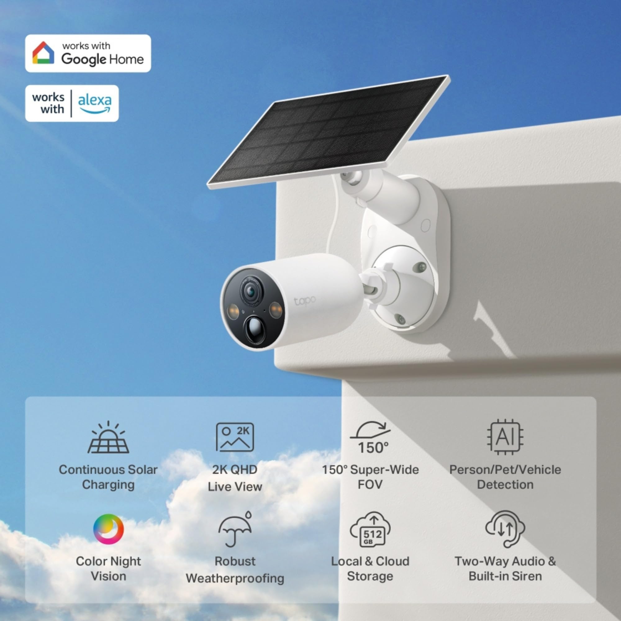 Tapo C425 Kit 2K 4MP QHD Batería Solar Cámara de Seguridad Exterior Inalámbrica, 150° Súper Amplio FOV, Visión Nocturna a Color, Sin Cuota Mensual, Detección IA, Conversación Bidireccional, IP66