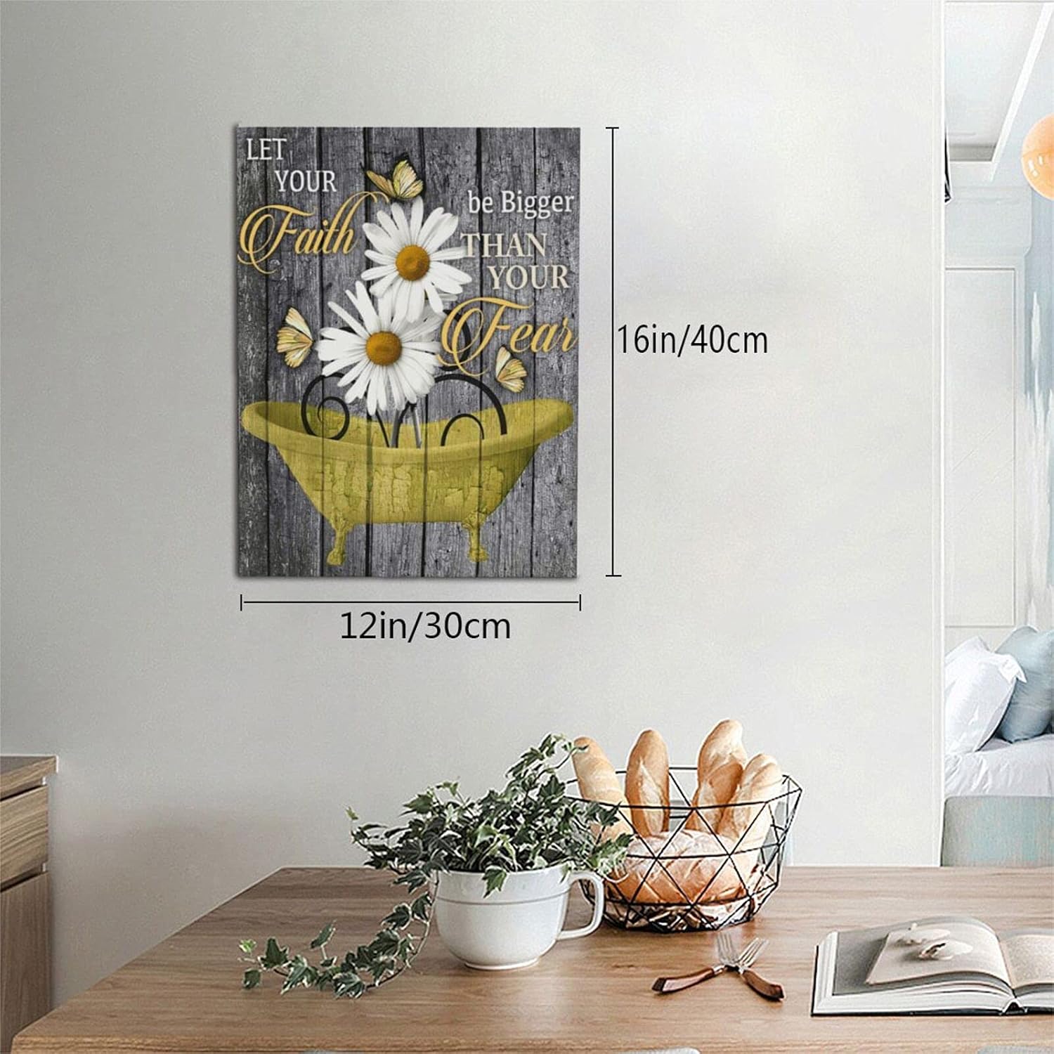 Yellow Daisy In Bathtub Wall Art Canvas Bathroom Wall Decor Inspirational Butterfly Quotes Grey And Black Wood Background Artwork Framed Modern Home Wall Decor for Bathroom Ready to Hang 12x16 Inch