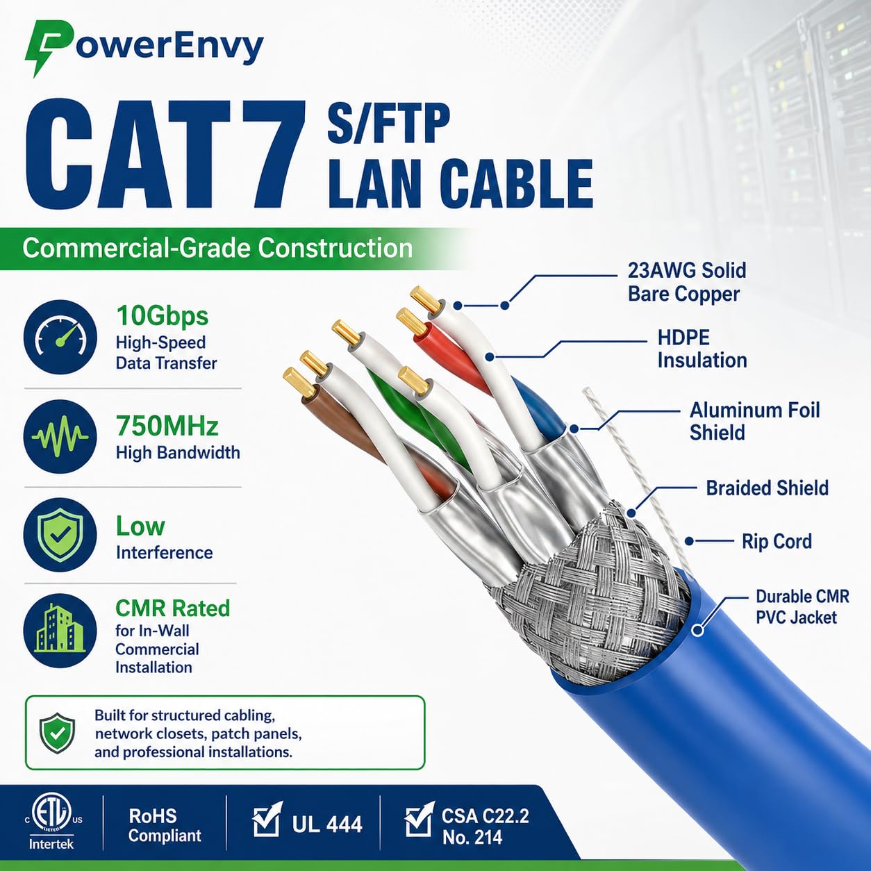 Câble Ethernet Cat7 S/FTP LAN, catégorie 7, câble réseau 23 AWG, 4 paires en cuivre nu massif, 750 MHz, 1000 m, 4 paires torsadées, certifié CMR, blindage en feuille d'aluminium (bleu)