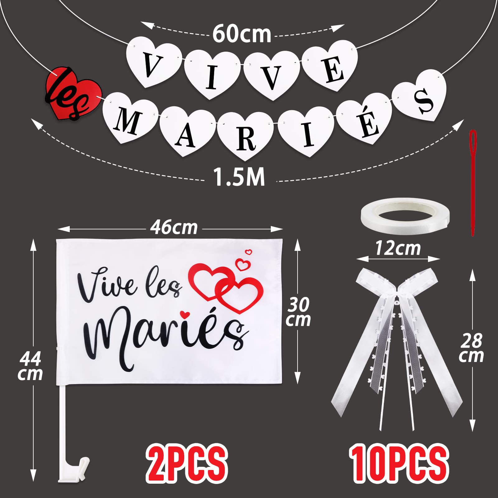2pcs Drapeau pour voiture imprimé Vive Les Mariés +Bannière Vive Les Mariés Banderole de Mariage en Forme de Coeur + 10pcs Nœuds Blancs avec mini Cœurs Decorative Decoration pour Mariage