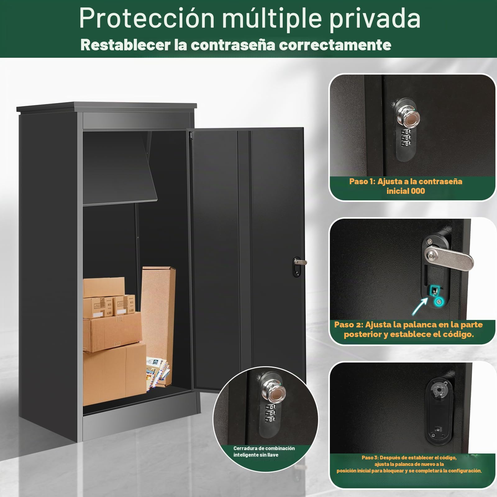 Buzón para exteriores con cerradura de combinación, acero inoxidable con recubrimiento en polvo con función antirrobo impermeable (53 x 42 x 130 cm)