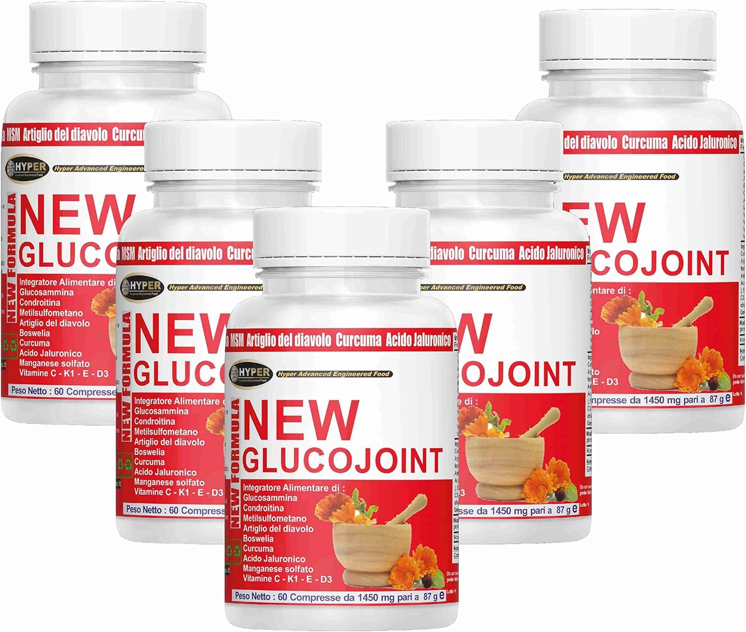 Hyper Integratore per Articolazioni, Cartilagine ed Ossa Glucojoint | con Glucosamina Condrotina MSM, Artiglio del Diavolo Forte e Acido Ialuronico | 5x60 Compresse Made in Italy