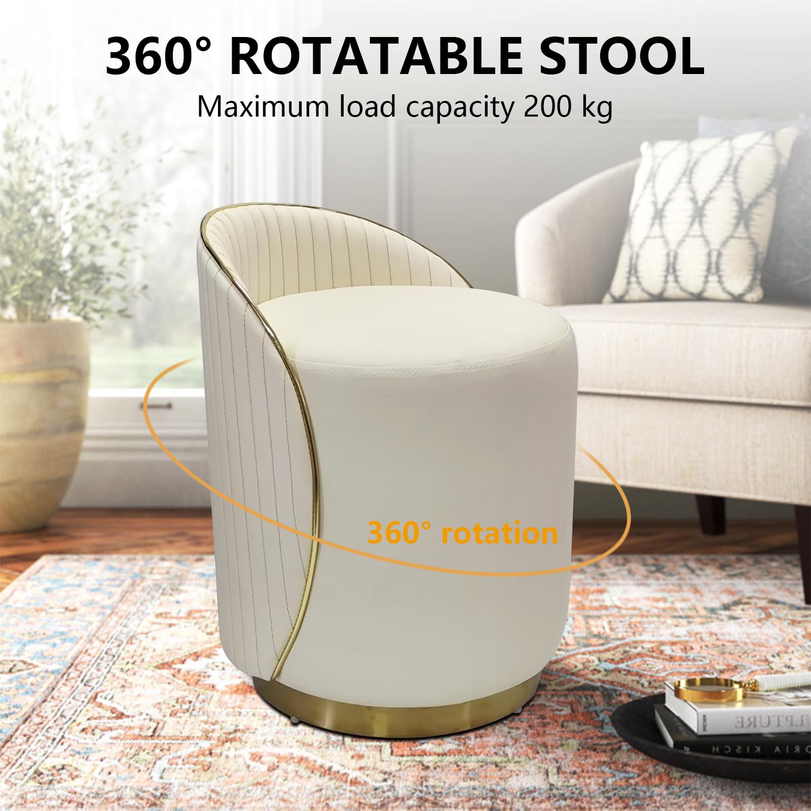 Hocker mit Lehne, Schminkstuhl 360° Drehbar, Sofa Hocker, schreibtischhocker, Make Up Stuhl, Schreibtischhocker und Büro fusshocker Ideal als Kosmetik Stuhl (Cremefarben)