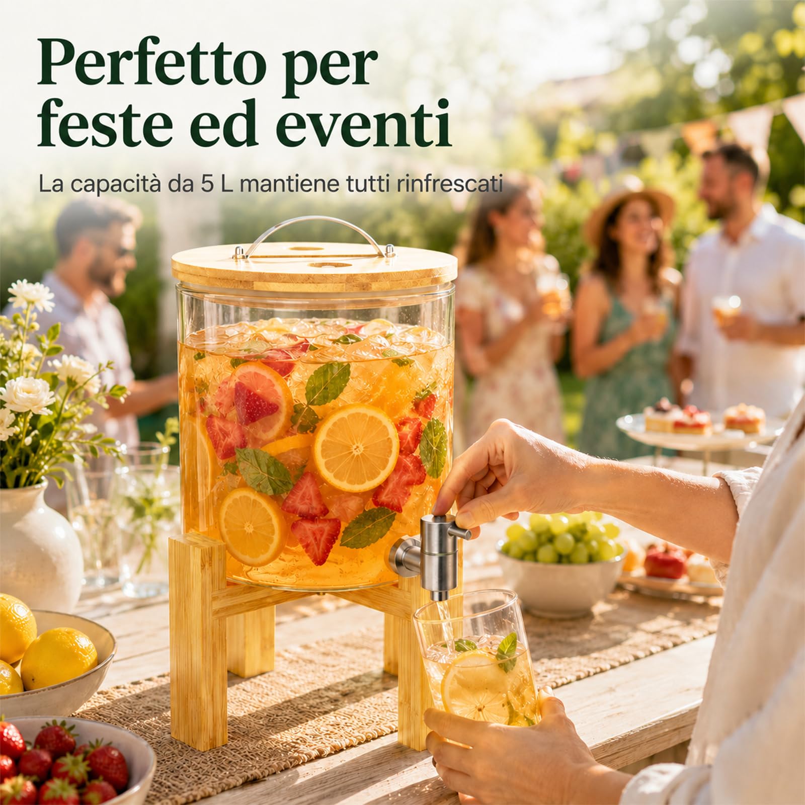 Dispenser di bevande in vetro da 5 l, contenitore per limonate con rubinetto in acciaio inox e supporto in bambù, senza BPA, ideale per feste di famiglia, feste di compleanno, campeggio all'aperto