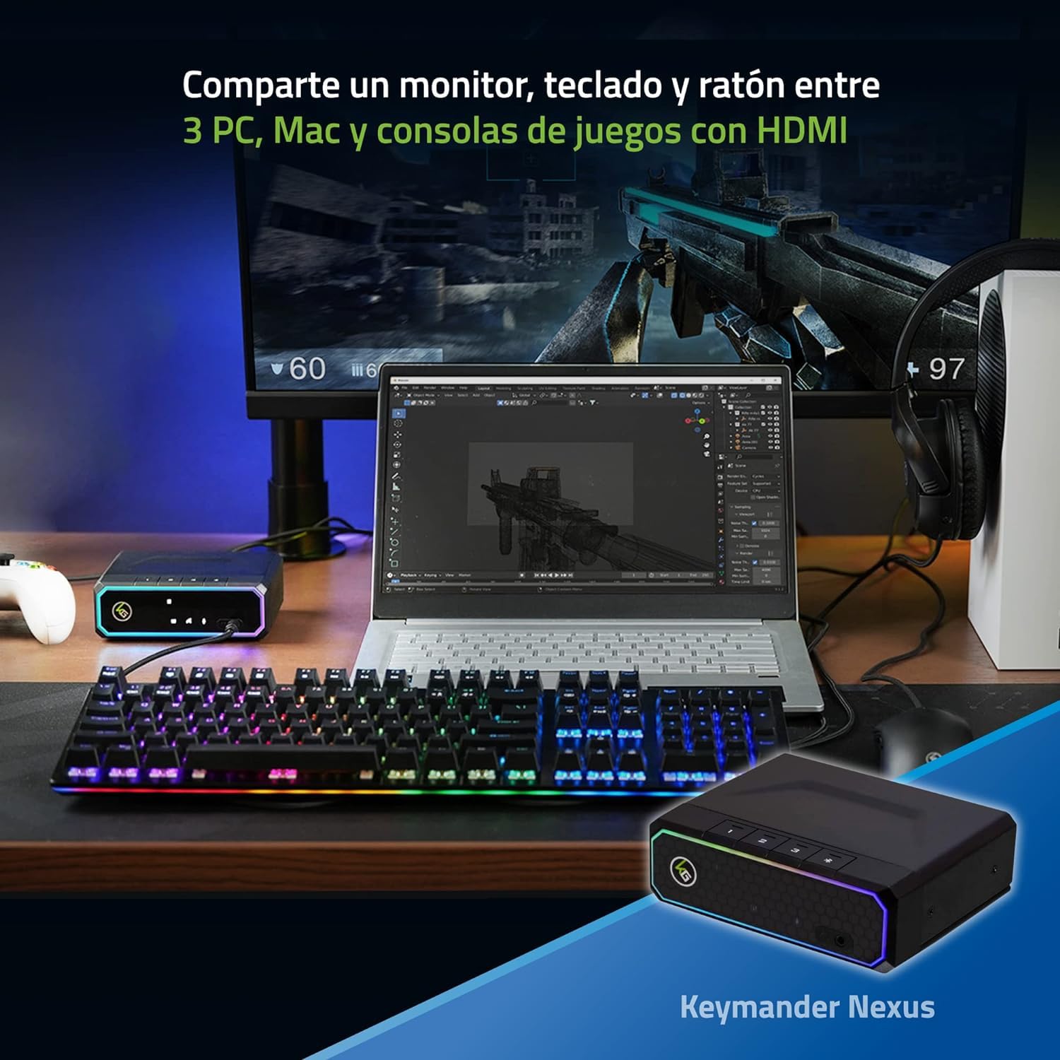 IOGEAR Keymander Nexus Gaming KVM Switch, 3 Consolas o PC comparten Teclado, Mouse y un Monitor, HDMI 4K a 60 Hz, DAC para Juegos Integrado, Audio de 3,5 mm, iluminación RGB Personalizable, USB 3.0