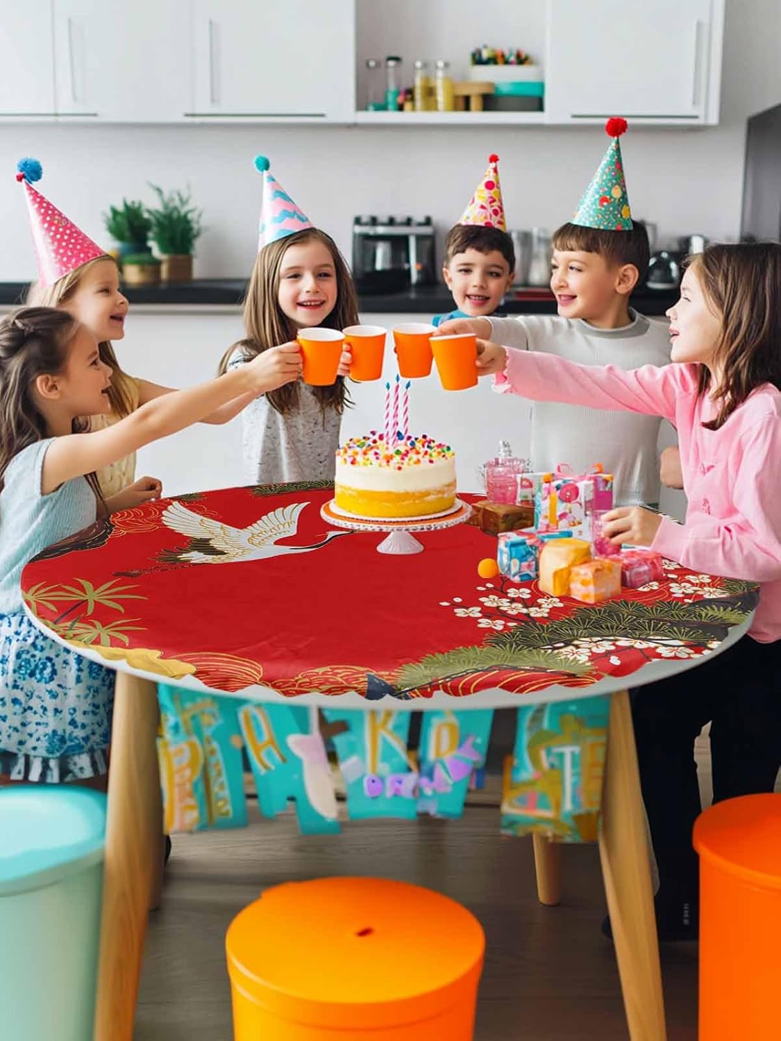 Red Traditional Fitted Tablecloth with Elastic Edged, Round Table Cloth for Dining Tables 55"-60" Vintage Crane Pine Flowers Natural Waterproof Oil Proof Table Cover for Indoor Outdoor