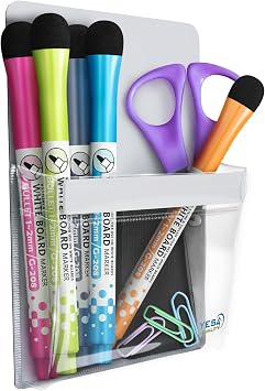 YES4QUALITY Magnetic Pen Holder for Refrigerator with Strong Magnetic Back, Dry Erase Marker Holder Ideal for Whiteboard & Fridge, Clear & White Pencil Cup