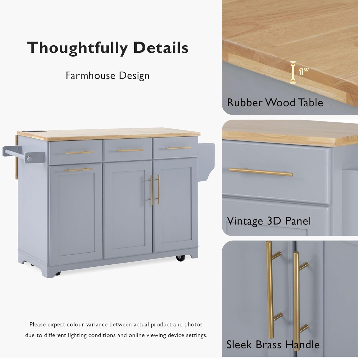 Close-up images of the spice rack, towel rack, and one of the five hidden wheels with a locking mechanism.