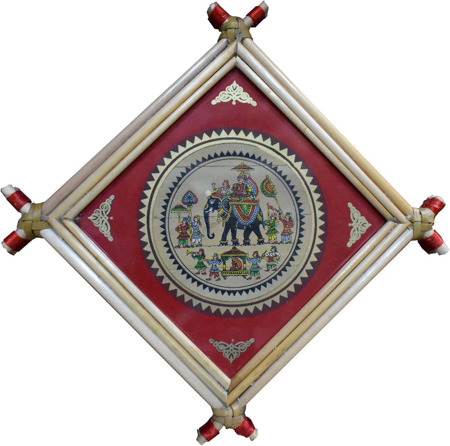 Village Kraft Patachitra Tribal King Taking His Princess Home Palm Leaf Painting Framed with Cane Stick, Used Natural Colors On Handmade Paper, Home Decor, Gift Item, 12.7 x 12.7 cm