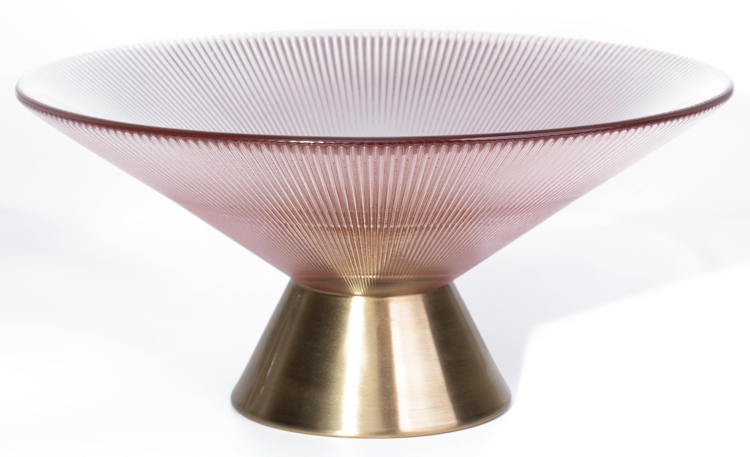 Tapered Glass Decorative Bowl (Pink), 9.8 Inches Handblown Striped Design Fruit Bowl with Rust-Resistant Metal Base for Home Decor, Table Centerpiece, Kitchen Island and Dining Decor