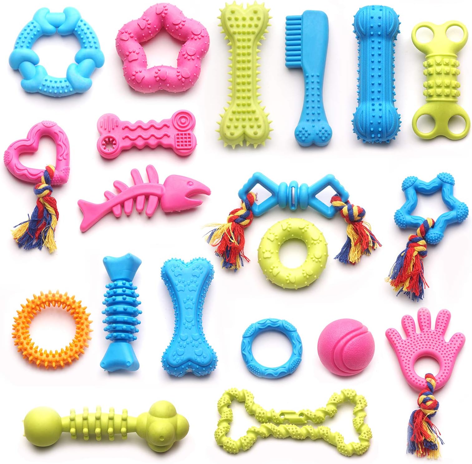 YUNKINGDOM 20 Pack Rubber Chew Toys for Small Dog,Ball Tug Squeaky Teething Toys for Puppy,Interactive Funny Pets Toys