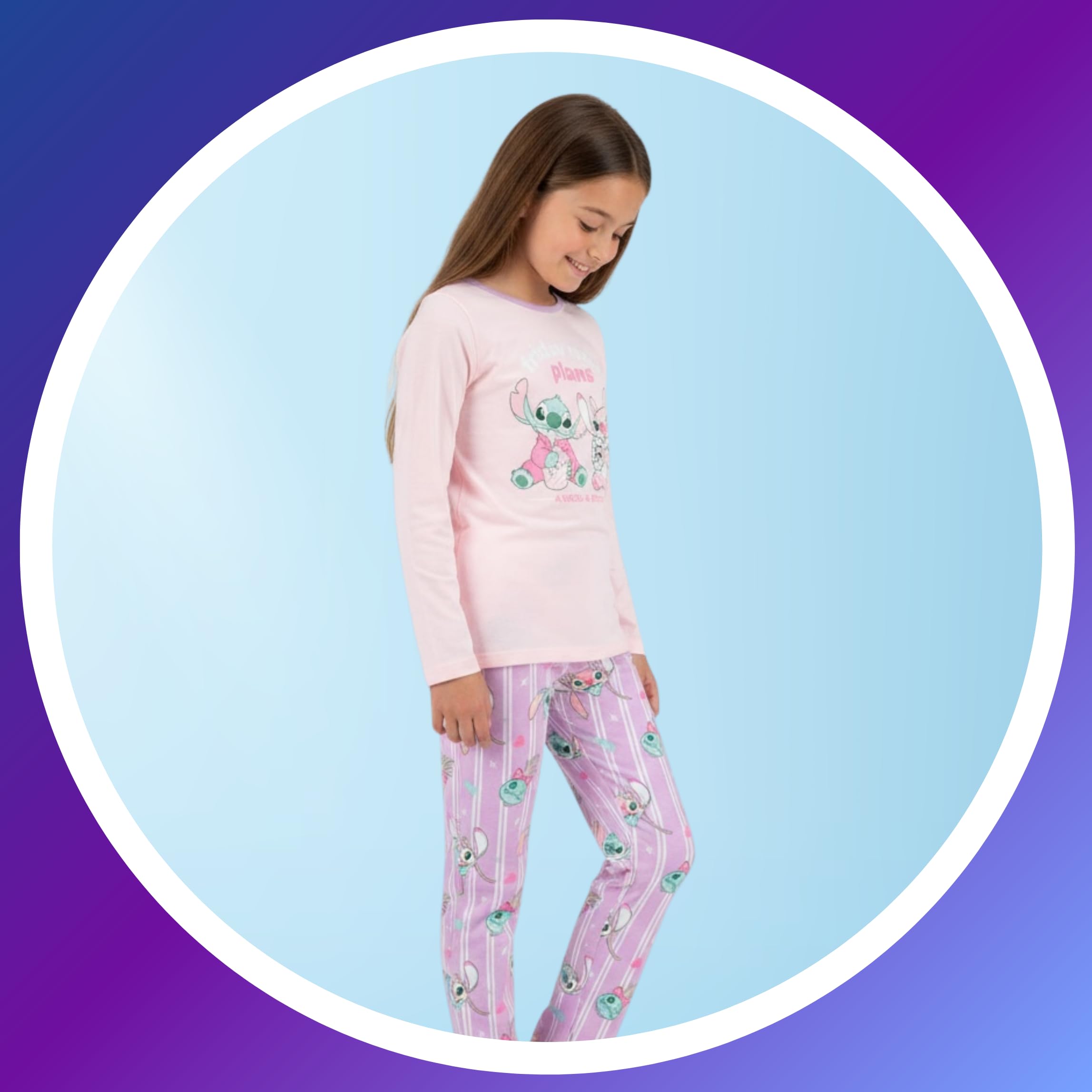 Disney Stitch Pigiama per Ragazze, Maglietta a Maniche Lunghe e Pantaloni 2 Pezzi Pigiama in Cotone, Taglie 3 a 8 Anni