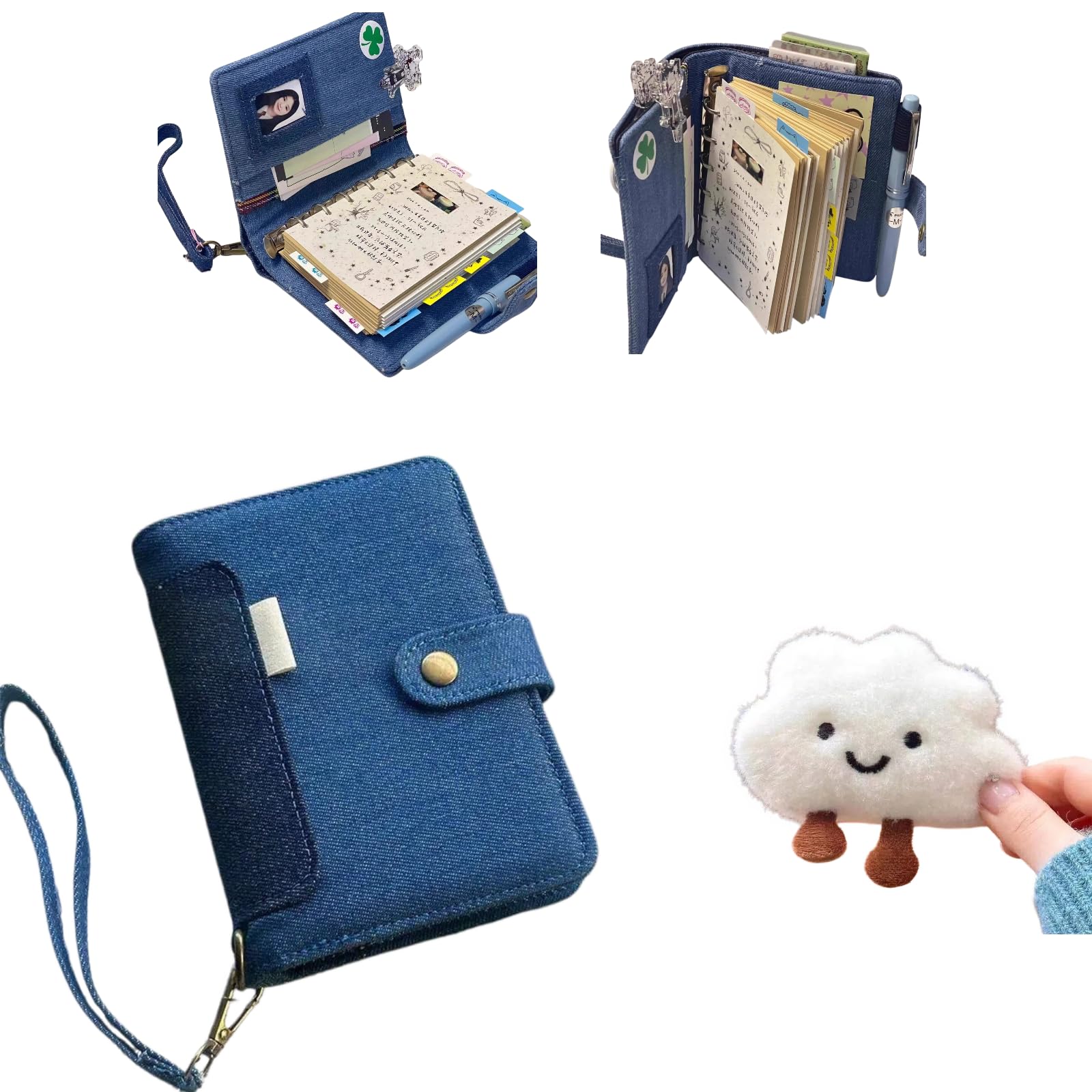 シール帳 デニム A7 デニムシール帳 6穴リング式 コンパクトシステム手帳 かわいいデザイン カード・メモ収納 (内頁80枚) ビジネス携帯文房具