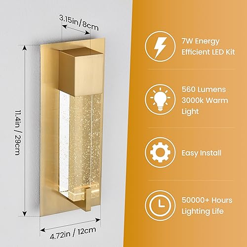 Miniatura 2 de WOSHITU Apliques de iluminación de pared para baño, pasillo, interior, dorado, moderno, con cristal de burbujas de cristal, lámpara LED de montaje
