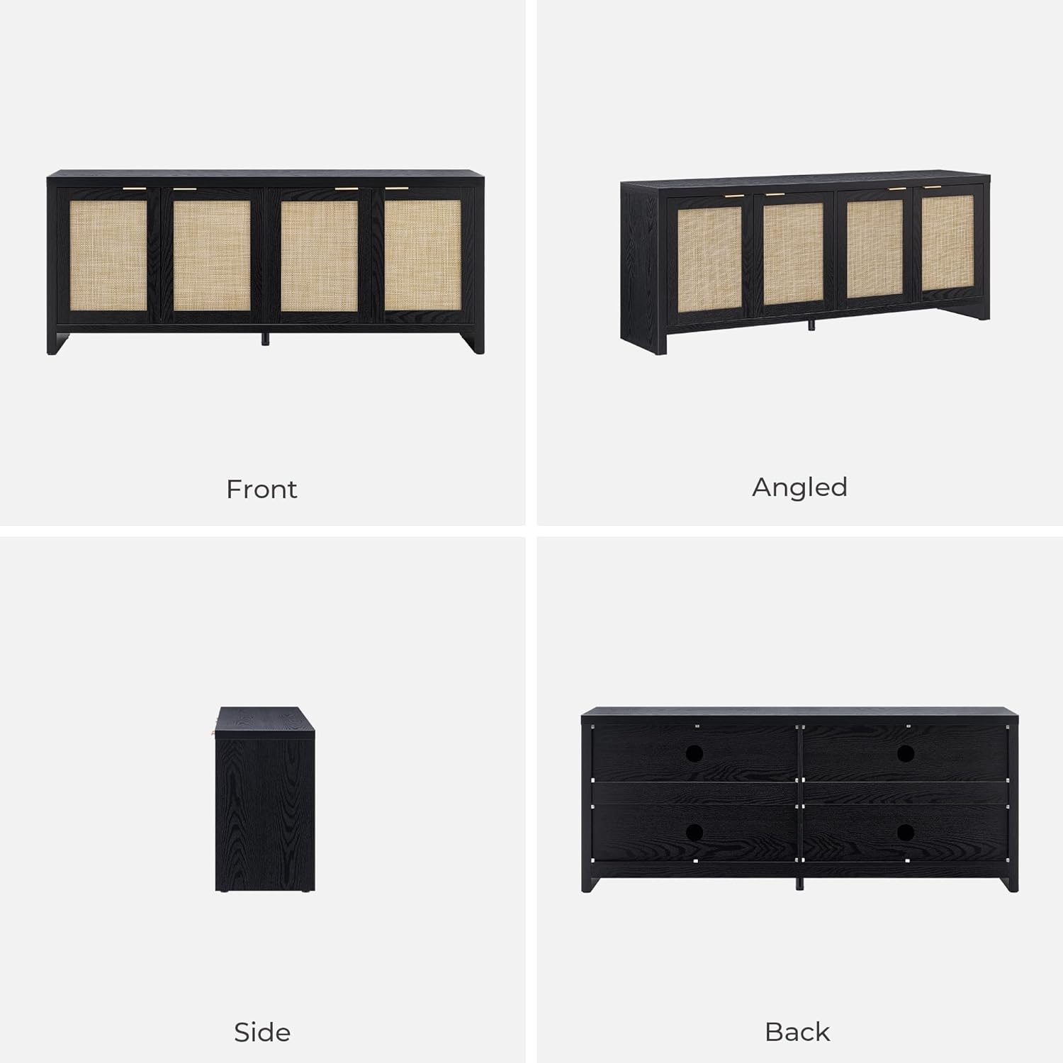 Four-panel image showing front, angled, side, and back views of the SICOTAS TV Stand.