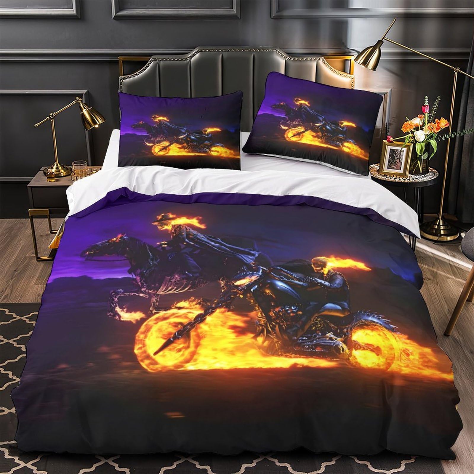 Parure de lit squelette en feu 135x200cm pour fille style dark fantasy avec housse de couette