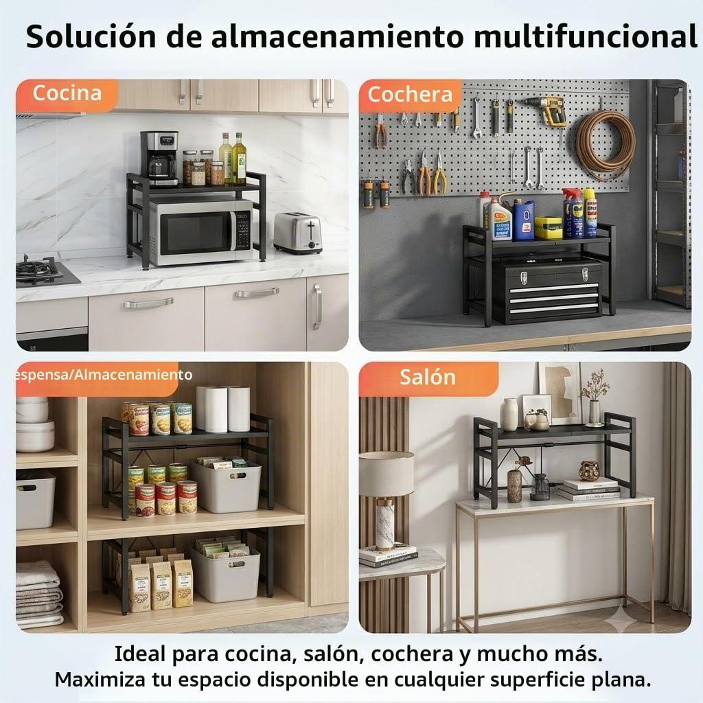 Estantería extensible para horno microondas, estante de cocina de hasta 30 kg, longitud ajustable (32-6 cm0), nivel de hasta 42 cm, organizador de encimera para cocina, salón, garaje y otros