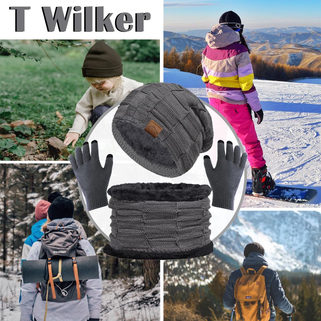 T Wilker 3Pcs Winter Beanie Hat Warm Scarf Touch Screen Gloves Set Snow Knit Cap Mittens for Kids Girls Boys 4