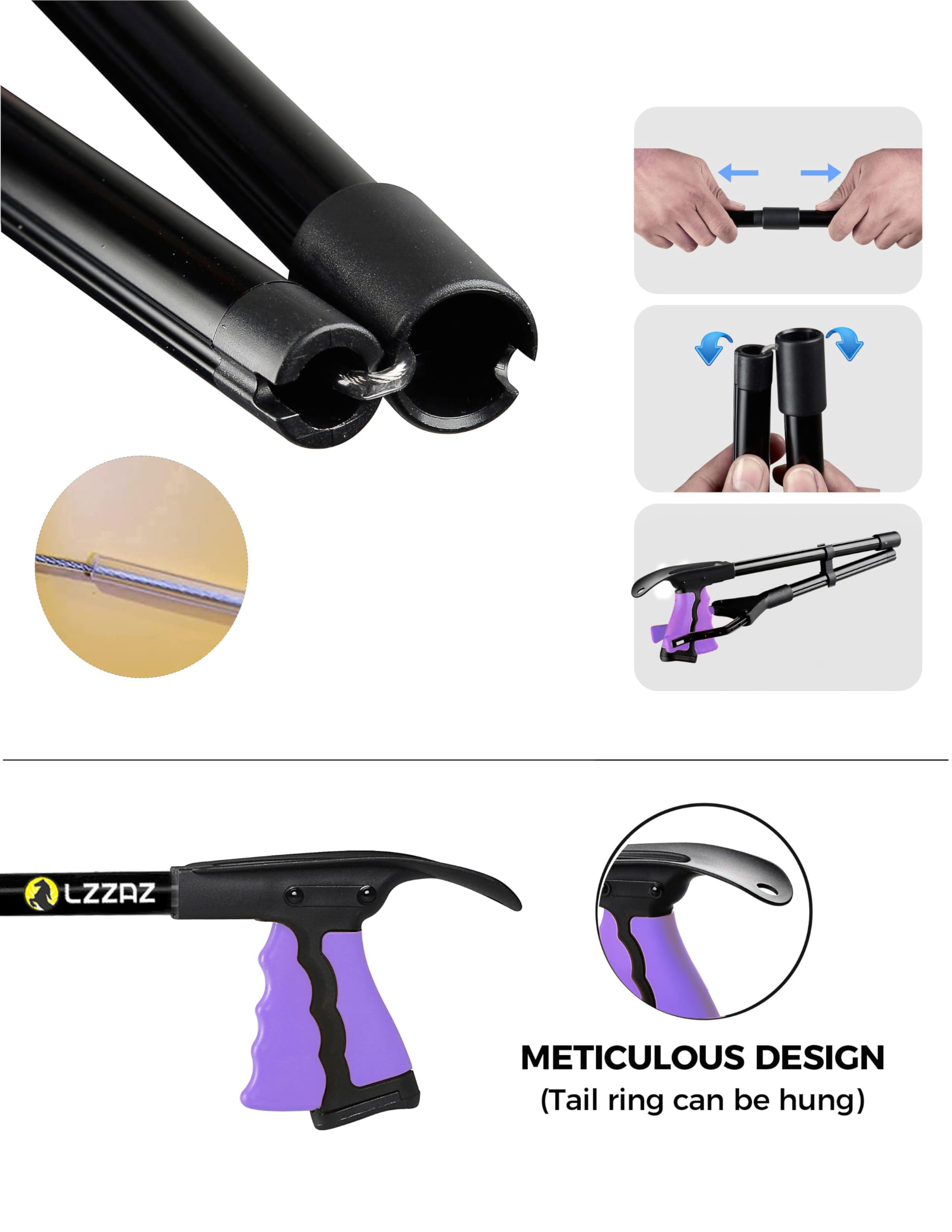 Ramasse-litière de qualité supérieure avec chausse-pied, bâton de préhension de 81 cm, tête rotative à 360°, aide à la mobilité pour adultes et handicapés (81,3 cm, violet).