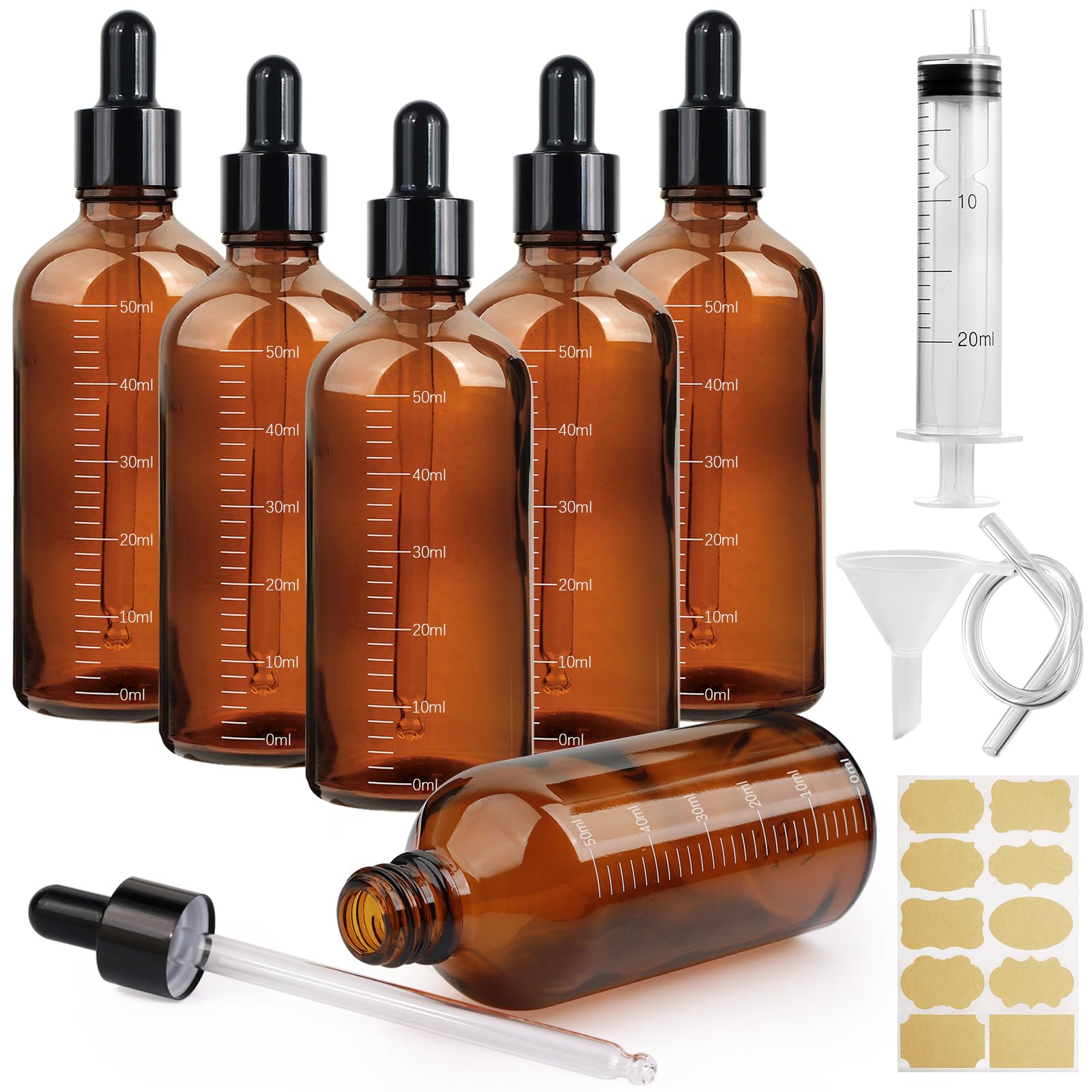 Nadisean 6 Stück Pipettenflasche 50ml mit Skala, Braunglas Glas Tropfflasche Dropper Bottle, Refillable Flasche mit Pipette, Braunglasflasche mit Trichter Aufkleber für Ätherische Öle Parfüm