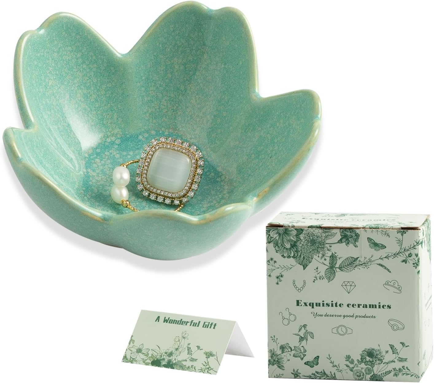 Mecaikru Flower Jewelry Tray Ceramic Ring Dish Jewelry Dish Small Trinket Tray Cute Ring Holder Key Bowl Decorative Plate Gifts For Mom/Sister/Friend, Birthday/Mother's Day/Christmas Gift (dark green)