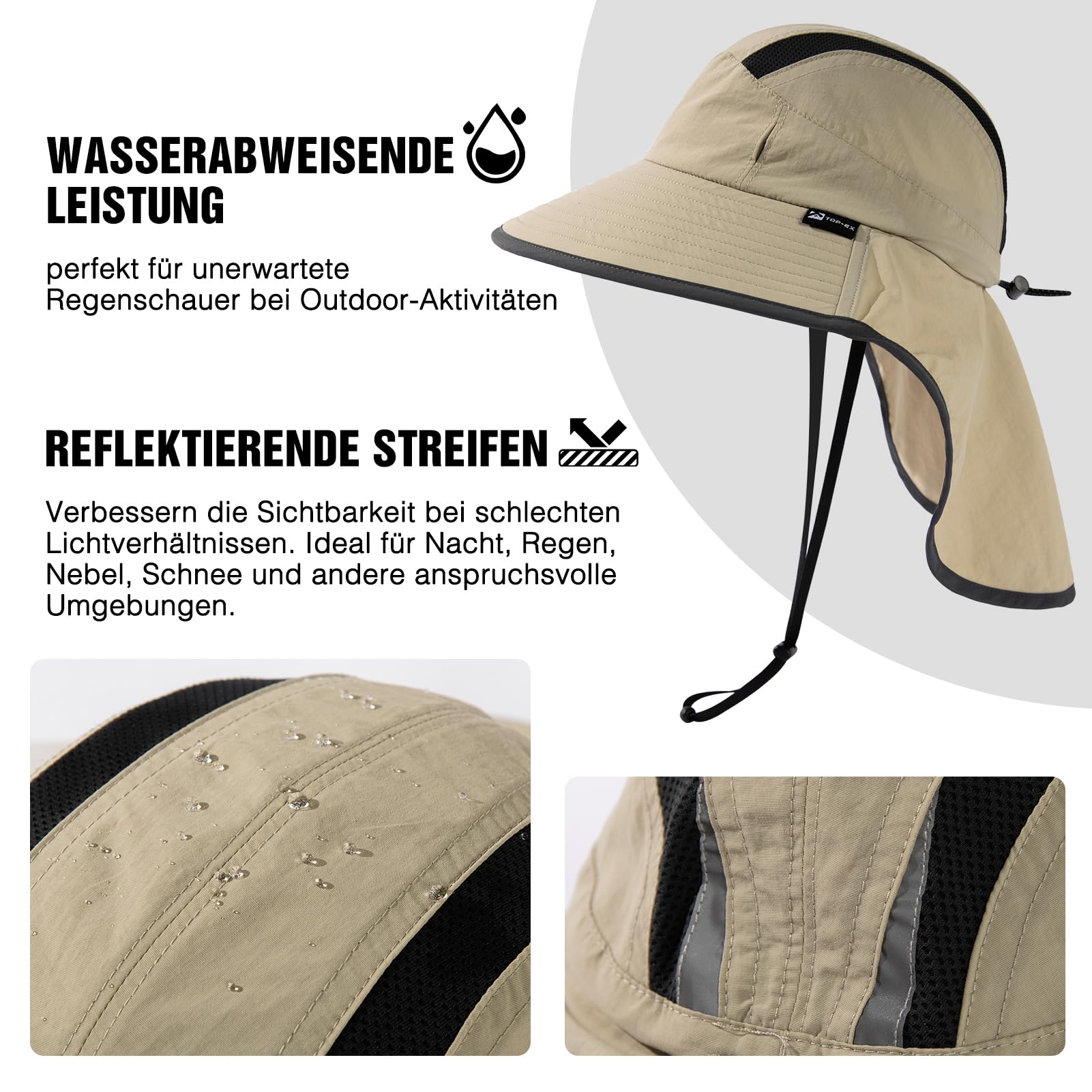 TOP-EX Chapeau de soleil unisexe à large bord pour homme avec protection de la nuque, porte-lunettes de soleil, chapeau d'été pour safari, chapeau d'été imperméable et pliable