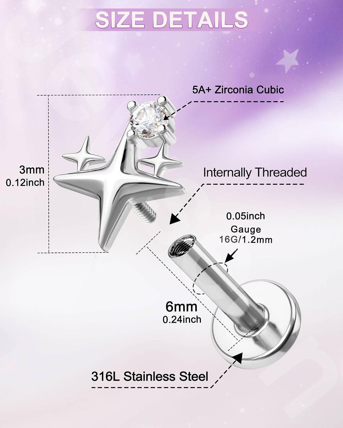 Jewseen 16G Star Helix/Tragus Piercing Jewelry Internally Threaded Labret Jewelry Flat Back Cartilage Earring Stud Clear CZ Labret Stud 316L Surgical Steel Star Cartilage Piercing for Women