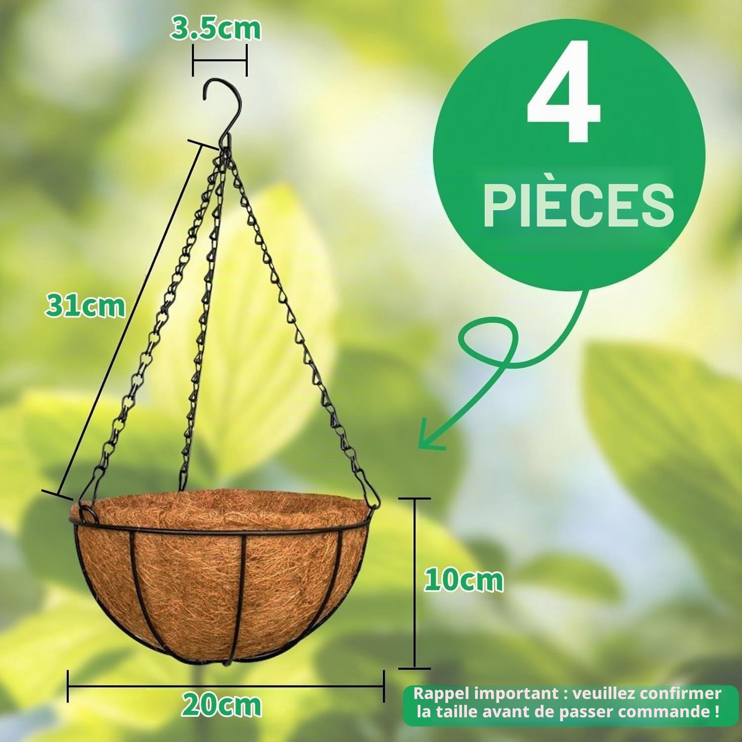 LATERN 4 Pièces Pots à Suspendu en Métal avec Doublure en Coco, 20CM Panier de Fleurs Ronds Suspendus de Doublure en Fibre de Coco avec 40CM Chaîne pour Jardin Porche Patio Plante Fleur Décoration