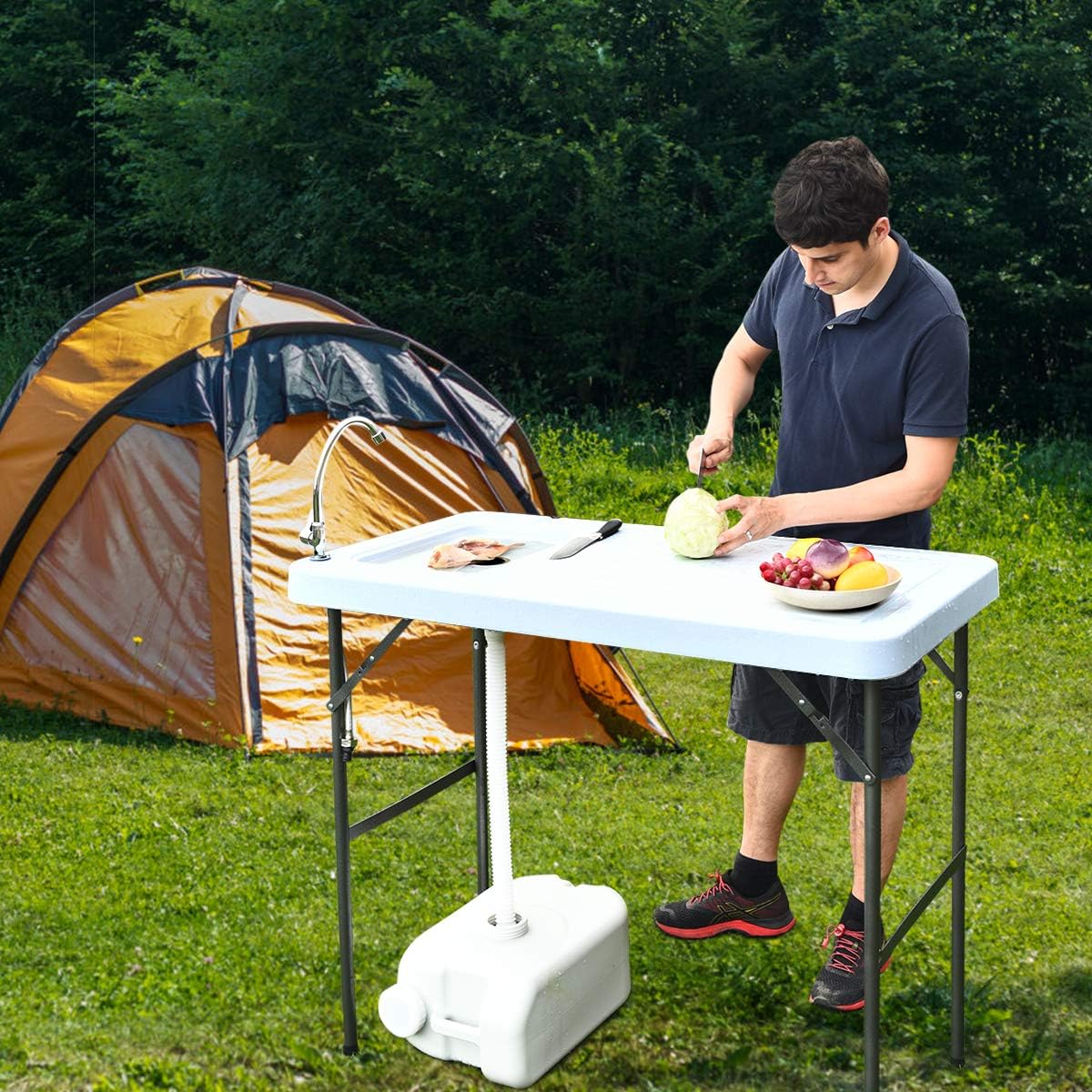 ReunionG Fish Cleaning Table, Folding Camping Cutting Table w/ Sink & Faucet, Portable Outdoor Fish Cleaning Station for Garden, Picnic and RV
