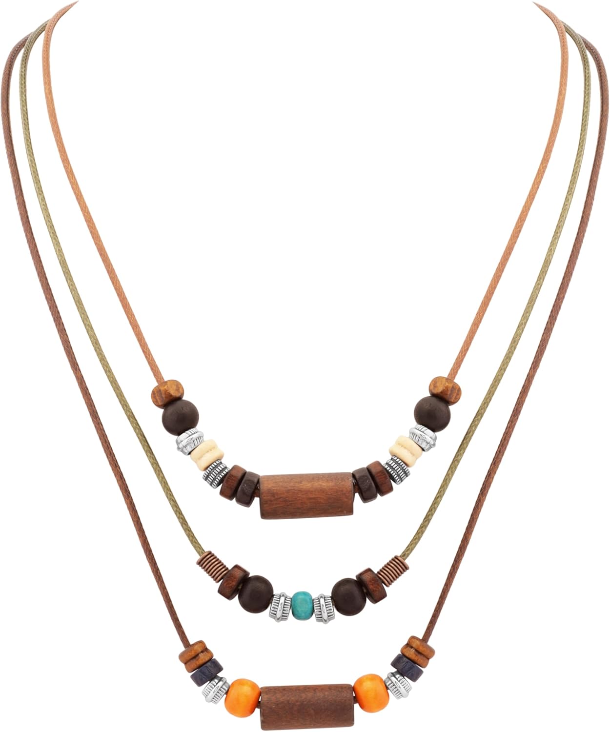 MINACHI Layered Boho Wood Bead Choker Necklace, Hollow Flower Charm, Personality Jewelry for Men and Women