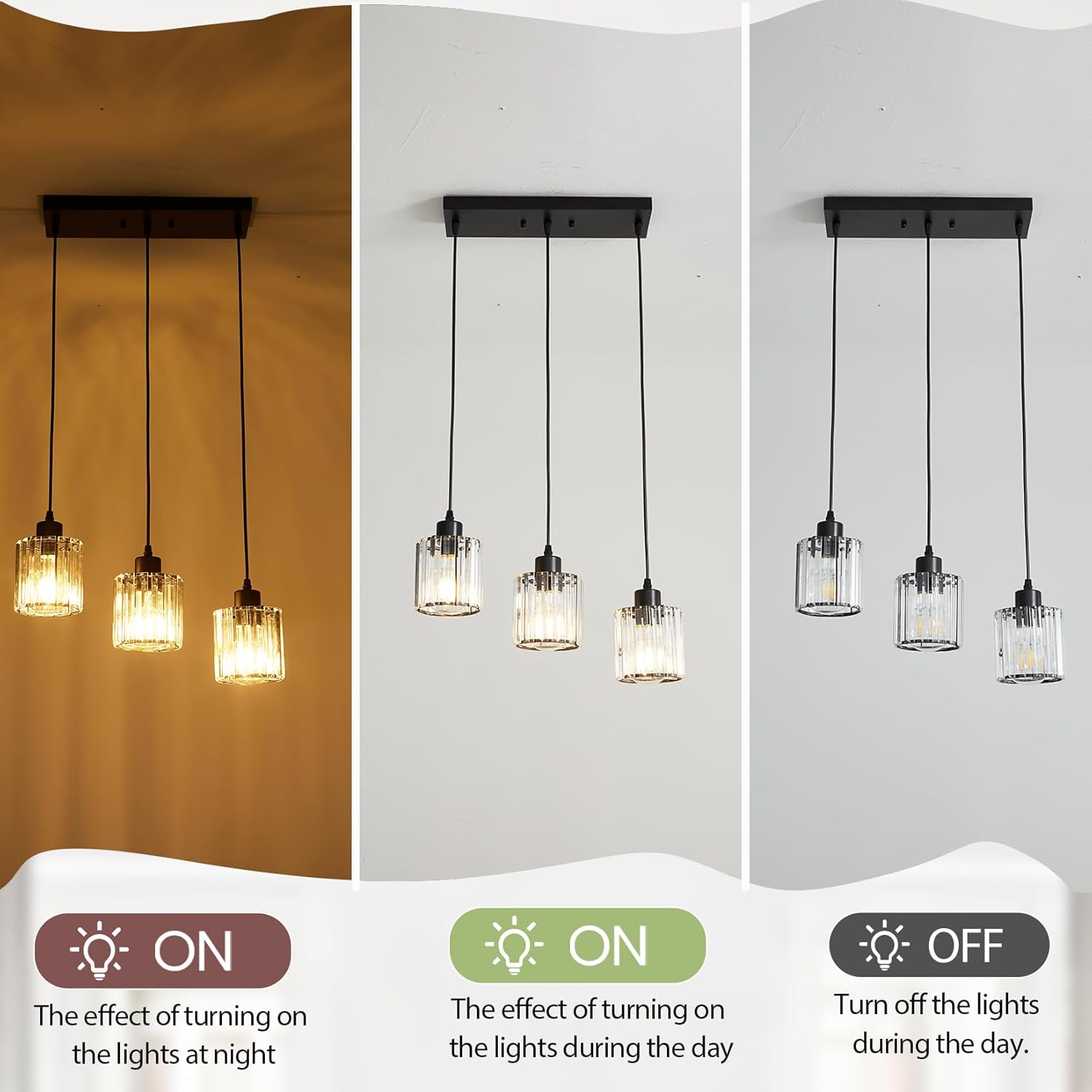 3 Light Pendant Lighting for Kitchen Island, Black Hanging Light Fixture for Ceiling, Farmhouse Dining Room Lights for Bedroom, Hallway, Modern Glass Chandelier, E26 Base, Bulbs Not Included