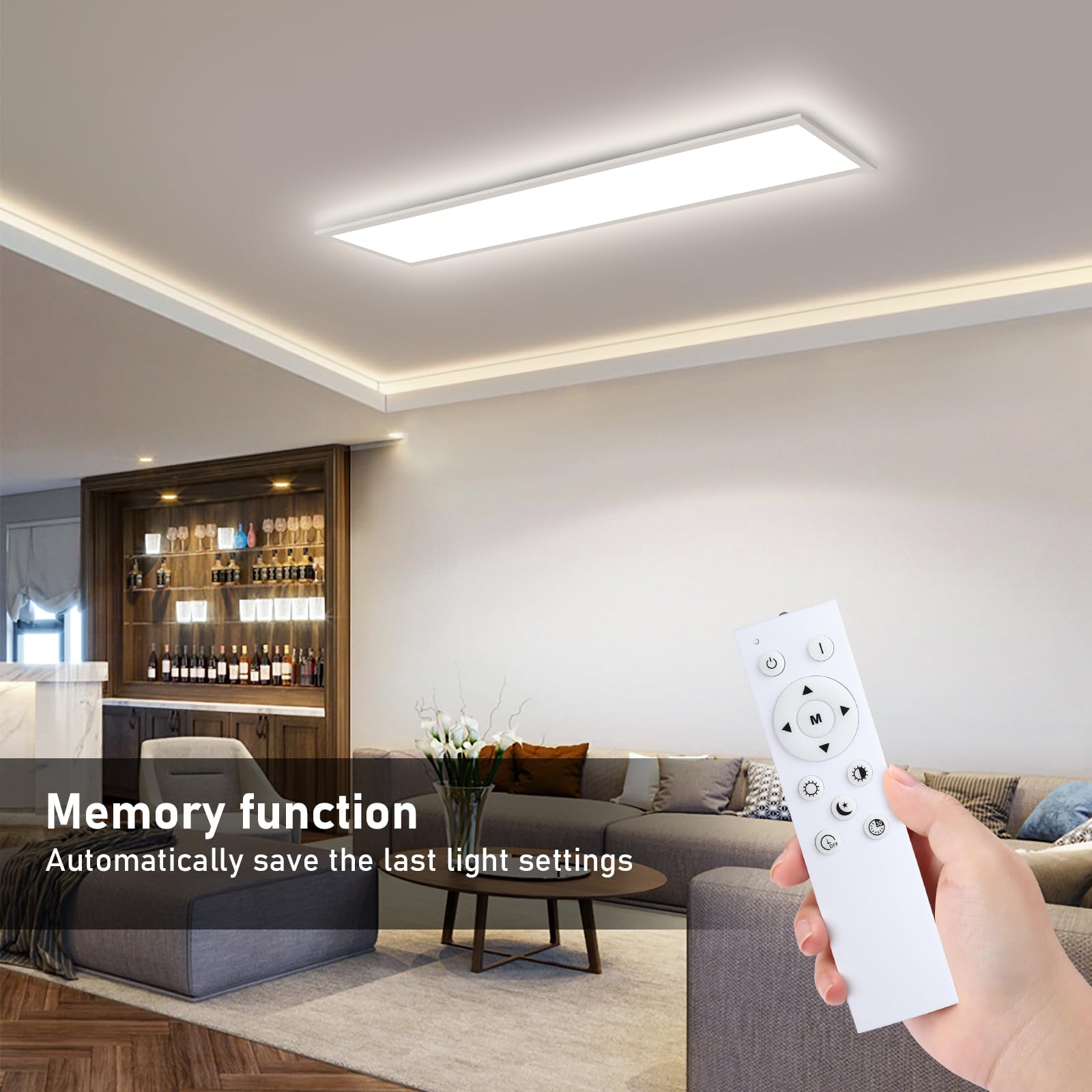Led Deckenleuchte Panel, 120x30 cm Deckenlampe Flach Dimmbar mit Fernbedienung, 40W Deckenpanel Lampe mit Memory Funktion, 3000K-6500K LED Lichtpanel für Wohnzimmer, Flur, Schlafzimmer, Weiß