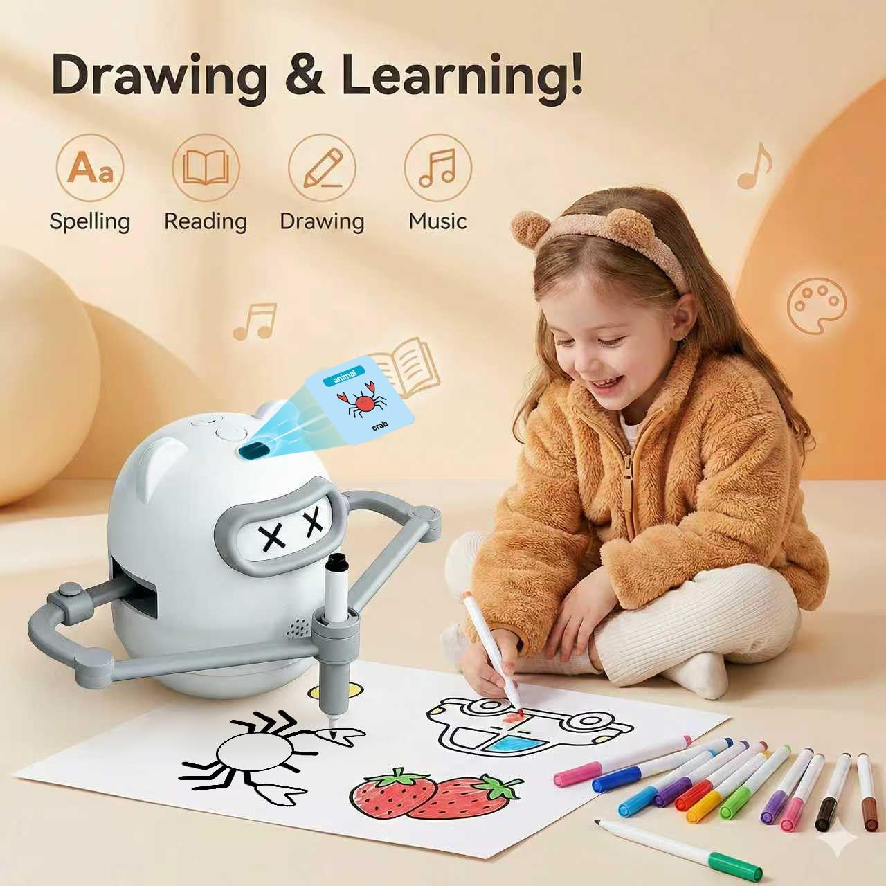 Drawing Robot for Kids with Camera Recognition, Rechargeable Smart Voice Interactive Painting Robot Educational Machine, Montessori Learning Toys with 100 Cards, 12 Colorful Pens Boys Girls