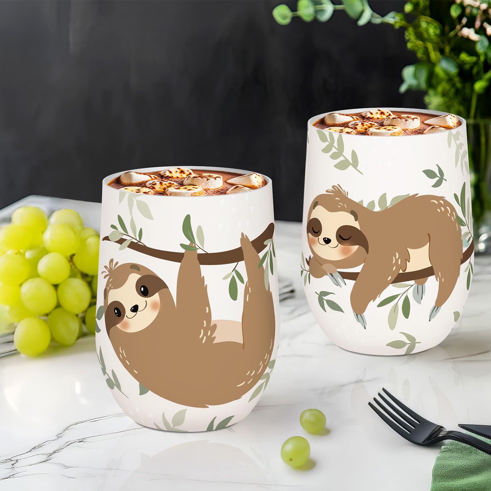 NymphFable 12oz Sloth Insulated Tumbler with Lid and Straw Stainless Steel Wine Tumbler, Stemless Wine Glass Coffee Mug - Image 2