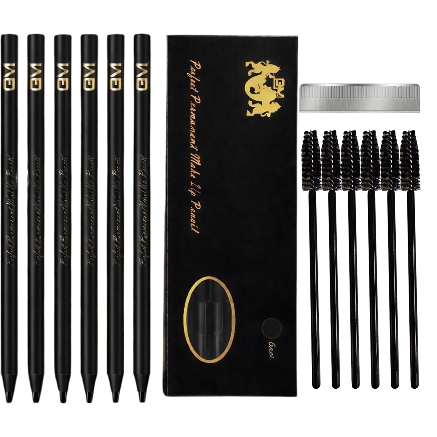 Microblading Mapping Pencil 6-Pack with Built-in Sharpener Cap, Blade & Spoolie Kit - Waterproof Wood PMU Eyebrow Pencil, Professional Brow Shaping Tool for Permanent Makeup & Tattoo Supplies (Black)