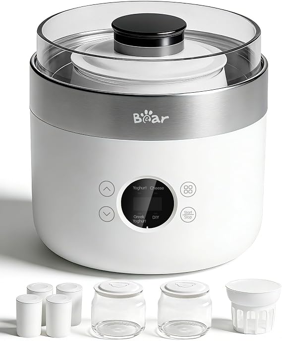 Bear Joghurtbereiter Joghurt- und Frischkäsebereiter inkl. 4 Keramik Portionsbecher à 125 ml 2 XXL Glasbehälter à 1 Liter 4 voreingestellte Programme für Griechischer Joghurt Käse